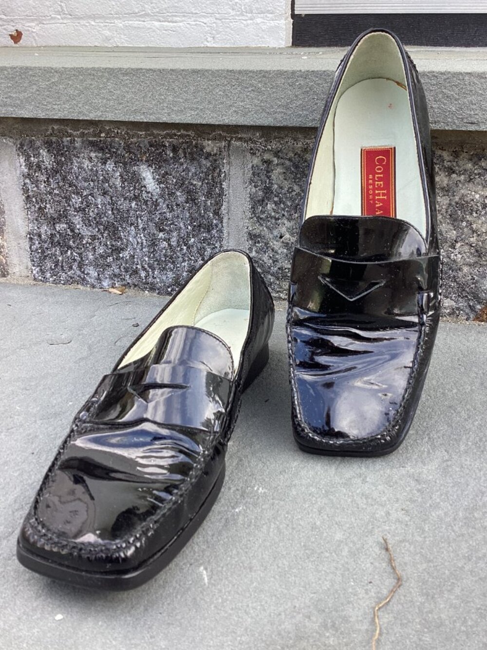 Women's Size 7.5, Cole Haan Black Patent Leather Slip On, Low Heel, Penny Loafer